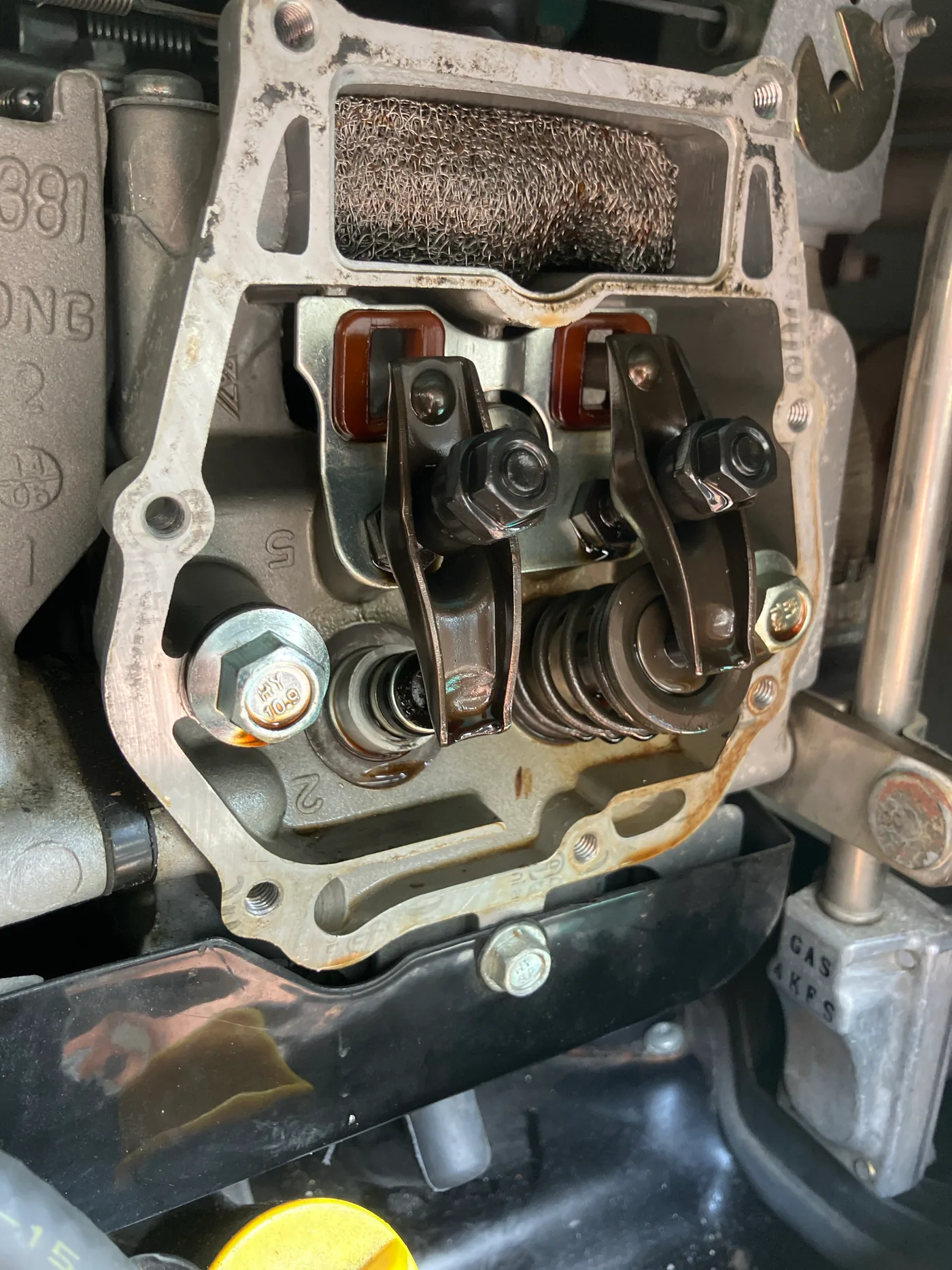 Onan RV generator rocker arms, valve springs and breather screen with the valve cover removed